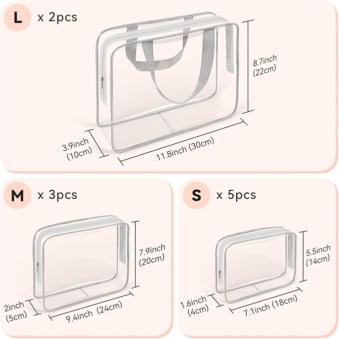 TISRATOK 10 PCS Clear Travel Makeup Toiletry Bag, Plastic PVC Cosmetic TSA Approved Organizer Kit with Zipper Handbag（Grey）