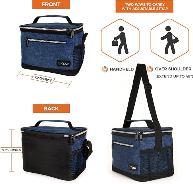 opux Insulated Lunch Box Men Women, Lunch Bag for Work School, Leakproof Soft Cooler Tote Adult, Large Lunch Pail Kids Boys Girls, Picnic Beach Food Bag with Shoulder Strap, Heather Navy