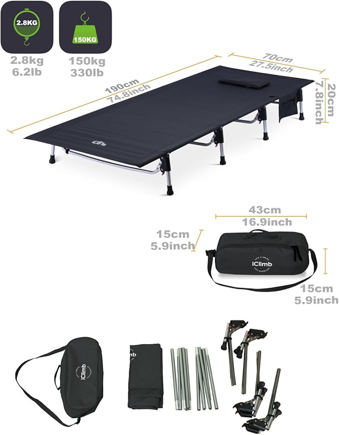 iClimb Super Easy Assemble Folding Cot Ultralight Compact Heavy Duty with Carry Bag for Adults Camping Backpacking