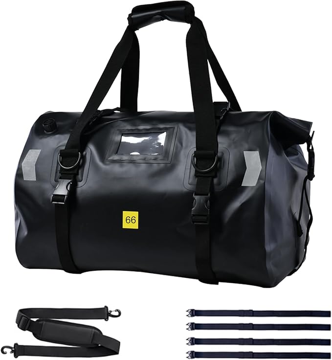 Waterproof Duffel Bag，Roll-Top Heavy Duty Dry Duffle Bag，Motorcycle Dry Bag，with Quick-fixed Straps，with Large Storage Space, Perfect for Traveling, Camping, Kayaking, Fishing & Canoeing (black, 66L)