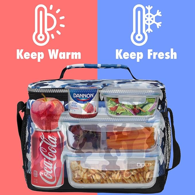 opux Insulated Lunch Box Men Women, Lunch Bag for Work School, Leakproof Soft Cooler Tote Adult, Large Lunch Pail Kids Boys Girls, Picnic Beach Food Bag with Shoulder Strap, Camo Blue