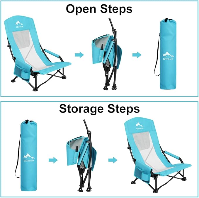 Oileus Folding Portable Beach Chair, Lightweight High Back Low Seat for Tent & Shelter & Camping, Full Mesh Back, Cup Holder, Storage/Carry Bag, Armrest - 1 Pcs