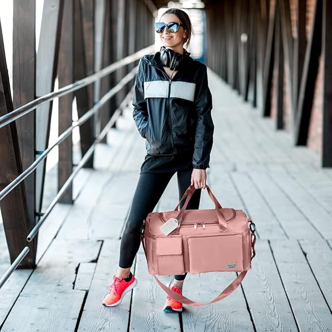 Travel Duffel Bag, Foldable Gym Bag with Luggage Tag, Large Capacity Weekend Overnight Bags with Wet and Dry Separation Bag, Waterproof Sports Tote Bag, for Travel, Sports, Gym (Pink)