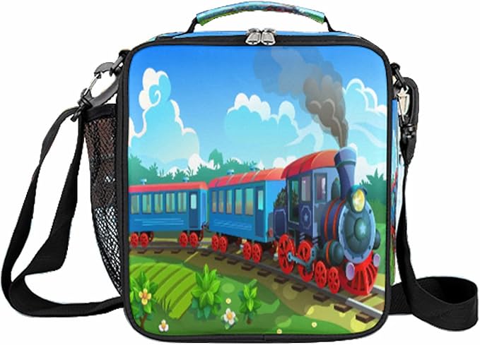 Steam Train Insulated Lunch Bag for Girls Boys Teen Colorful Locomotive Reusable Lunch Box with Shoulder Strap Freezable Thermal Cooler Bag
