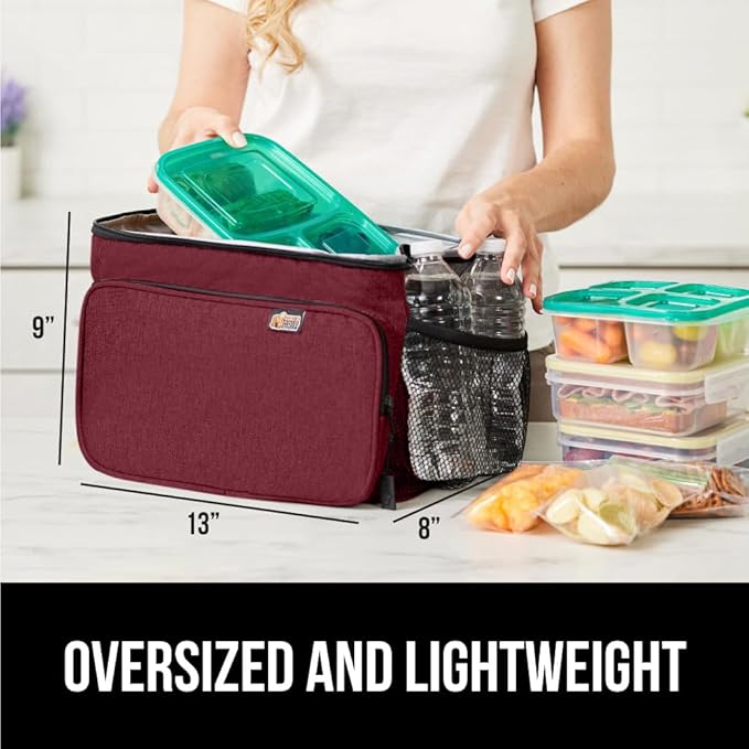 GORILLA GRIP Reusable Insulated Lunch Box Bag for Women Men, XL 15L, Leakproof Soft Cooler Bags, Multiple Compartments, Mesh Pockets and Adjustable Strap, Food Tote Keeps Drinks Cold, 13x9, Burgundy