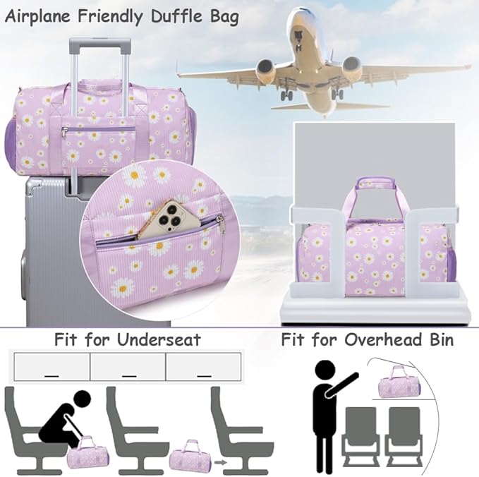 Dance Bag for Girls Gym Bag Sports Duffle Bag with Shoes Compartment Wet Pocket Weekender Overnight Bag for Girls Women Teens Corduroy Daisy Travel Duffle Bag