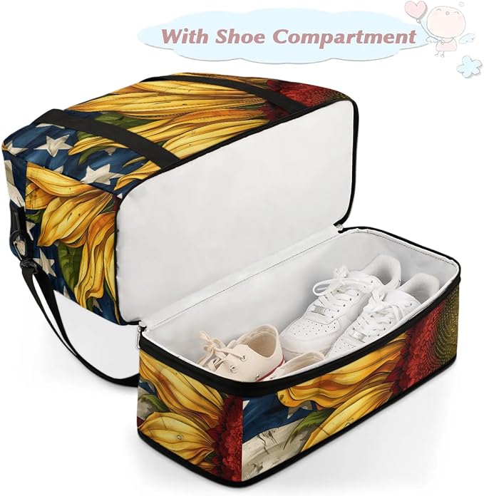 cfpolar Woman Travel Duffel Bag Sunflower American Flag Foldable Tote Carry On Luggage Sports Gym Bag With Shoe Compartment Overnight Weekend Yoga Workout Bag Training Handbag