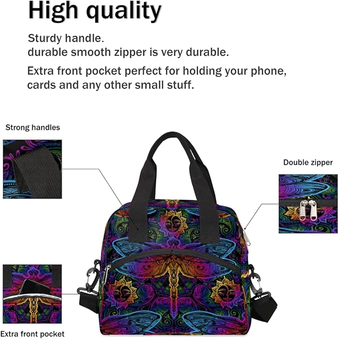 Bohemian Colorful Insulated Lunch Bags for Women Men Ethnic Dragonfly Reusable Lunch Box Shoulder Strap Tote Lunch Bag Cooler Thermal Bag for School Work Travel Office Picnic Girls Boy Adult