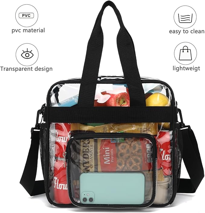 FlowFly Clear Bag for Stadium Events With Shoulder Strap for Women, Men, Large and Reusable Lunch Container, Work and Sporting Events, Travel 12x6x12 Clear Tote Bag, Clear#Black