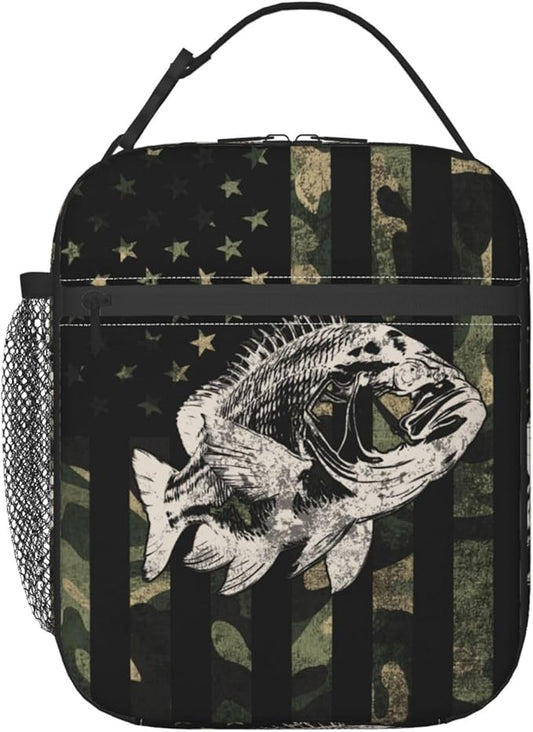 Fishing Camouflage American Flag Bass Lunch Box, Portable Insulated Lunch Bag with Detachable Handle,Reusable Lunchbox for Boys Girls Men Women Adults