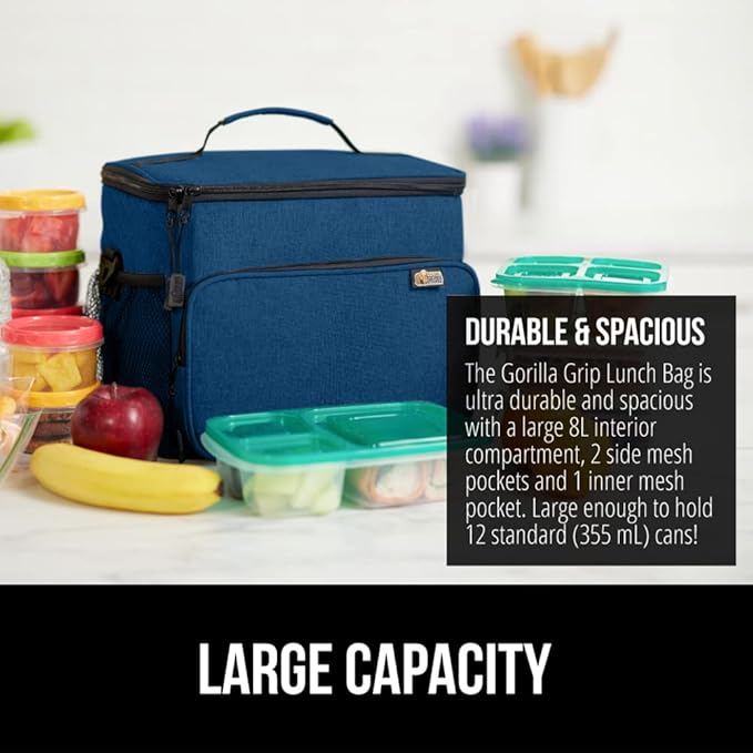GORILLA GRIP Reusable Insulated Lunch Box Bag, Large Capacity, Leakproof Soft Cooler Bags, Mesh Pockets and Adjustable Strap, Food Tote for Work Camping School, Keep Drinks Cold, 8L, 10x9, Navy Blue