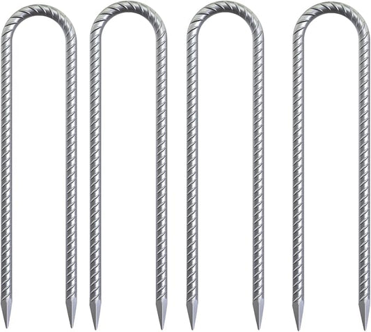 Trampoline Wind Stakes 16 Inch, 3/8" Diameter Heavy Duty U Shaped Rebar Tent Fence Stakes for Ground, Galvanized Trampoline Tie Down Anchor Kit 4 Pack