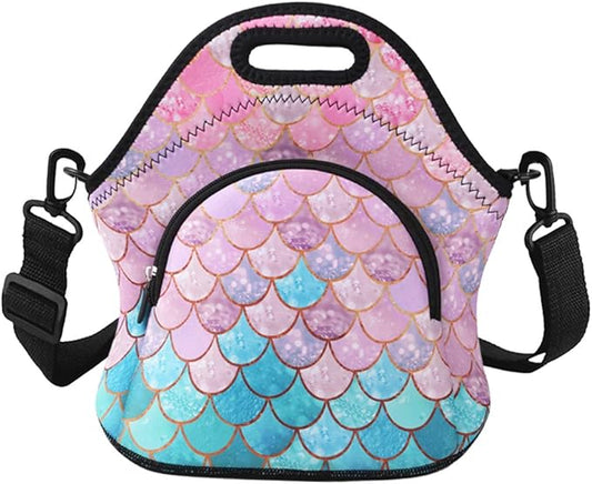 Violet Mist Womens Insulated Lunch Bag Cute Neoprene Insulated Lunch Bag Tote Unicorn Mermaid Cartoon Pink Food Handbags Large with Extra Pocket Detachable Adjustable Shoulder Lunch box for Women Lady