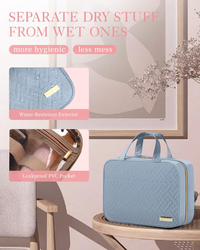 HOTOR Travel Toiletry Bag w/Hanging Hook - Spacious Toiletry Bag Essentials for Women & Men, Makeup Bag/Big Comparment, Waterproof for Travel Accessories, Medium, Light Blue