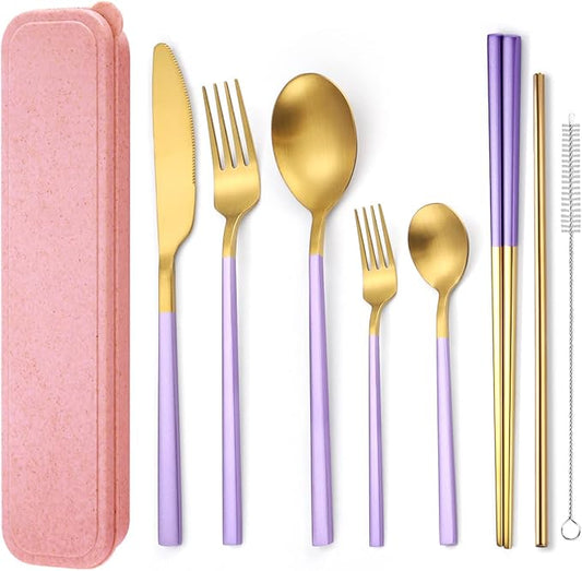 AARainbow 8 Pieces Stainless Steel Flatware Set Portable Reusable Cutlery Set Travel Utensils Set Including Chopsticks Knife Fork Spoon Straws Cleaning Brush Dishwasher Safe (B-Purple Golden)