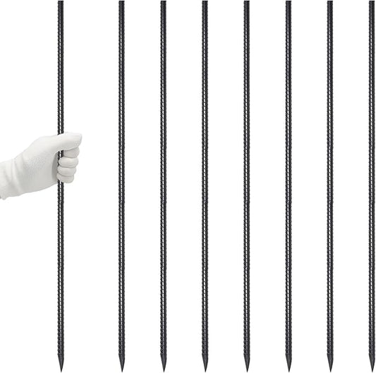 VVOKGO 48 Inches 8Pcs Steel Rebar Stakes with Chisel Point End, Heavy Duty Straight Landscpe Timber Spikes Metal Garden Camping Plant Support Garden Stakes Anti Rust Black