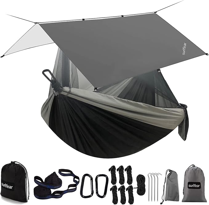 Sunyear Hammock Camping with Rain Fly Tarp and Net, Portable Camping Hammock Double Tree Hammock Outdoor Indoor Backpacking Travel & Survival, 2 Tree Straps,100% Waterproof