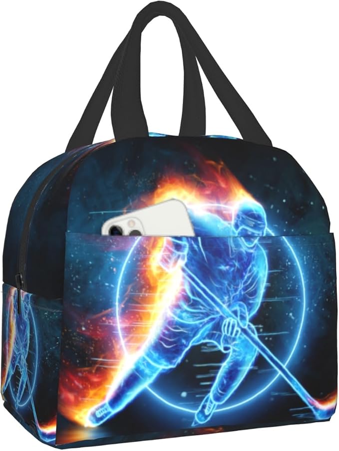 Giwawa Ice Hockey Lunch Bag for Kids Teens Red Fire Player Insulated Lunch Box with Front Pocket Reusable Thermal Cooler Lunch Tote Bag for Girls Boys School Students Men Women Picnic