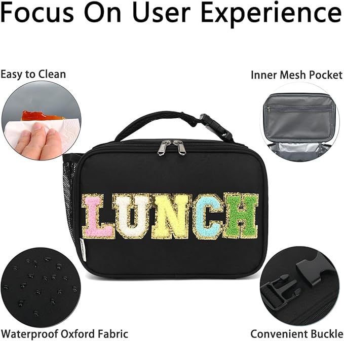 Insulated Lunch Box for School, Thermal Reusable Durable Freezable Lunch Bags for Kids Boys Girls Men Women - Small Soft Cooler Portable Lunch Tote Kit for Work Picnic Travel,Black Alphabet