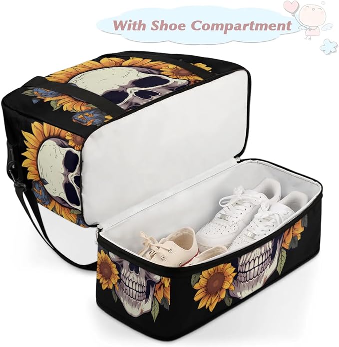 cfpolar Woman Travel Duffel Bag Sunflower Flower Skull Foldable Tote Carry On Luggage Sports Gym Bag With Shoe Compartment Overnight Weekend Yoga Workout Bag Training Handbag