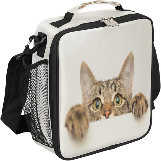 Funny Animal Cat Reusable Lunch Bag, Insulated, Spacious, Waterproof, Suitable for Boys and Girls, 10.5 x 3.5 x 9.5 inches
