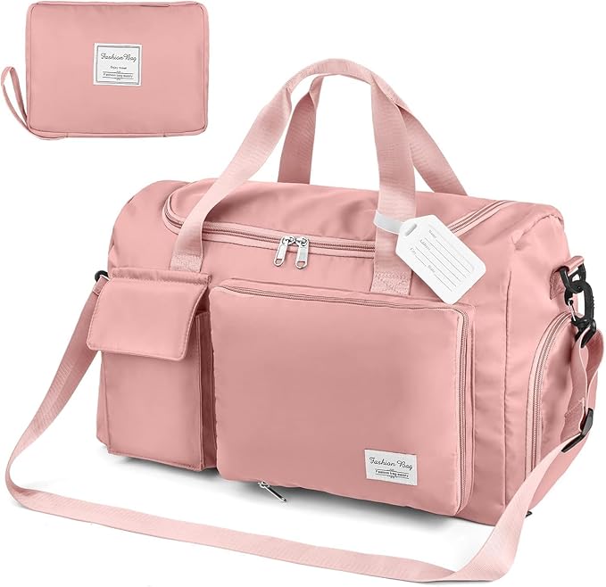 Travel Duffel Bag, Foldable Gym Bag with Luggage Tag, Large Capacity Weekend Overnight Bags with Wet and Dry Separation Bag, Waterproof Sports Tote Bag, for Travel, Sports, Gym (Pink)