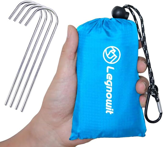 Outdoor Pocket Blanket, 55"x39" Waterproof Foldable Compact Small Pincic Blanket, Ultralight Tarp for Camping, Festival, Beach, Hiking, Backpacking, Travel and More, Stakes Included