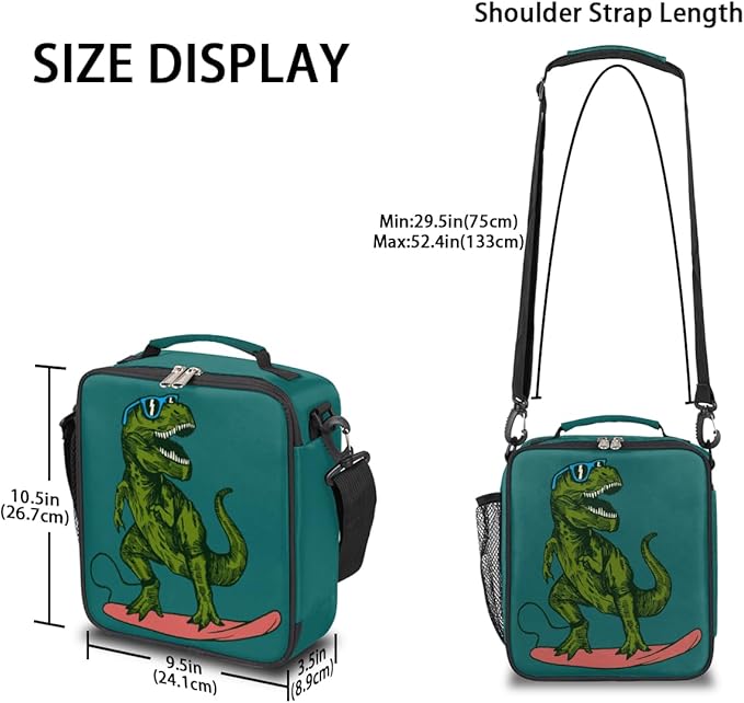Animal Lunch Box for Kids, Surfing Dinosaur Sunglass Lunch Bag for Boys Girls, Reusable Insulated Waterproof Lunch Box with Adjustable Shoulder Strap Thermal Cooler Tote Bag for School Daycare Picnic