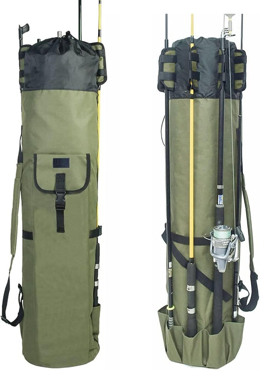 DONQL Fishing Rod Bags - Outdoor Pole Holders, Multifunction Camping Portable Canvas Backpack Case - Fish Rod Storage Bag Holding 5 Poles & Tackles (Dark Green)