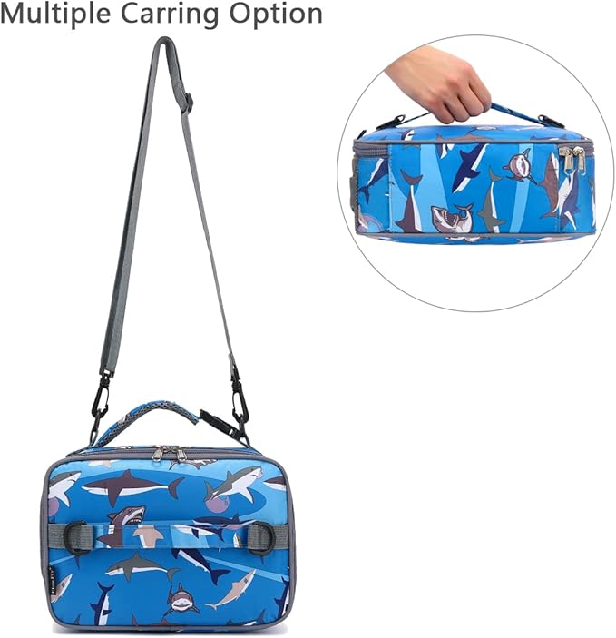 FlowFly Kids Lunch Bag, Durable Insulated School Lunch Box with Shoulder Strap and Bottle Holder, Water-resistant Thermal Small Lunch Cooler Tote for Teen Boys & Girls,Shark