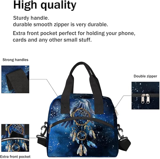 Blue Galaxy Watercolor Dream Catcher Insulated Lunch Bags for Women Men Adult Reusable Lunch Tote Therma Cooler Bag with Shoulder Strap Lunch Box for School Work Office Picnic Meal Prep Bag