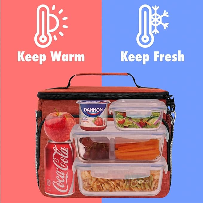 opux Insulated Lunch Bag for Men Women, Soft Lunch Box for Office Work School Picnic, Leakproof Lunch Cooler Bag with Shoulder Strap for Kid Adult Boy Girl, Medium Lunchbox Lunch Tote (Heather Red)