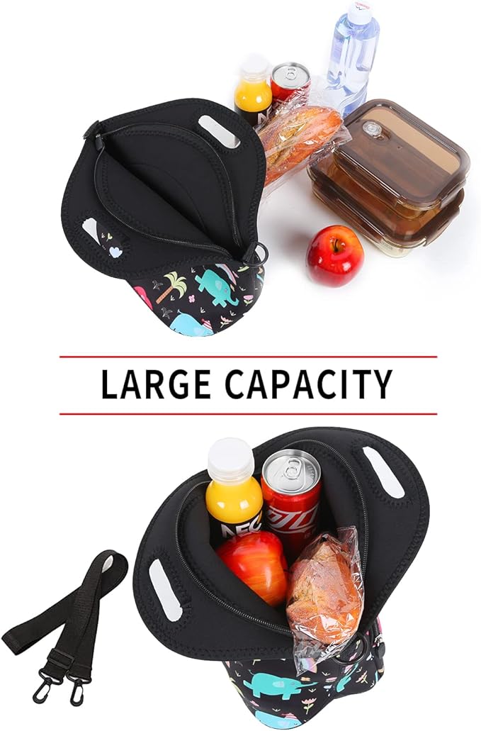 Violet Mist Neoprene Lunch Bag Reusable Insulated Cartoon Elephant Snack Bags, Unisex, 12.6"L x 11.8"H x 6.3"W, Non-Toxic, Eco-Friendly, Durable, Adjustable Shoulder Strap