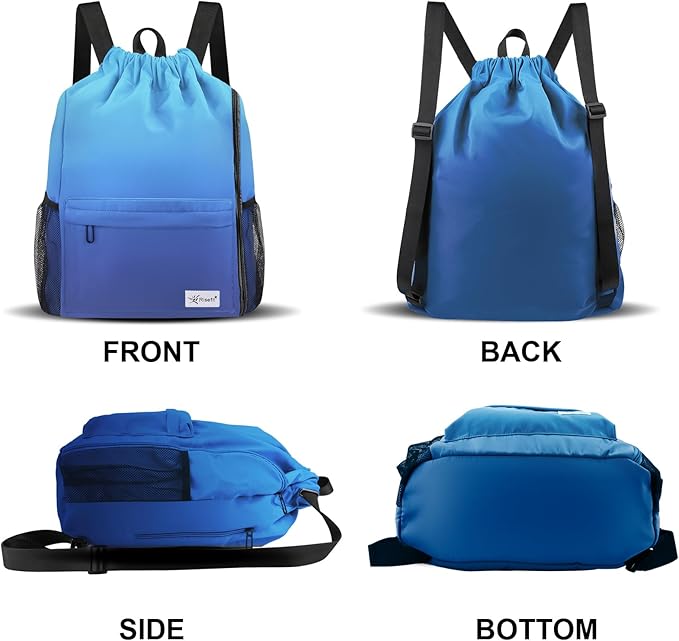 Drawstring Backpack with Mesh Pockets String Gym Bag Sackpack Sandproof Water Resistant Beach Backpack for Men Women