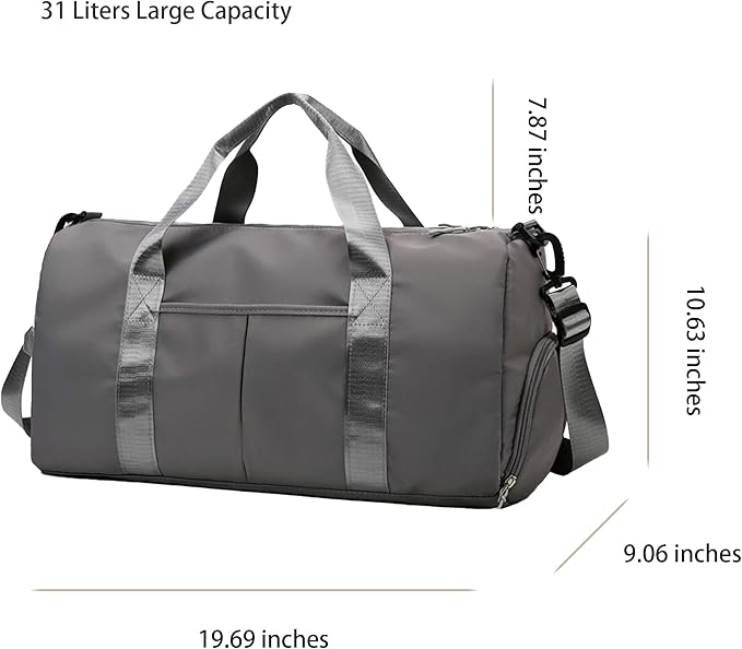 Gym Bag for Men Women with Separation for Wet and Dry, Shoe Storage, Waterproof Travel Duffle Bag for Gym, Swimming, Yoga, Sports (Grey)