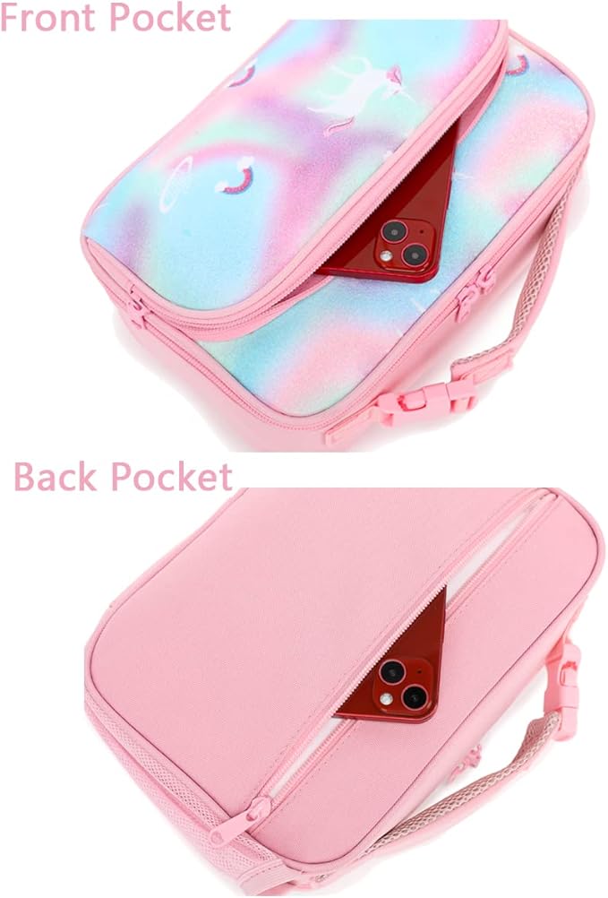 FlowFly Kids Lunch box Insulated Soft Bag Mini Cooler Back to School Thermal Meal Tote Kit for Girls, Boys,Glitter-Unicorn