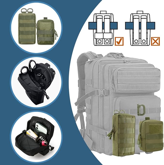 MUCHER 2 Pack Molle Pouches Tactical Pouches EDC Pouch Organizer Molle Bag Utility Pouch with 4 Carabiners for Outdoor Hiking Hunting Camping Training