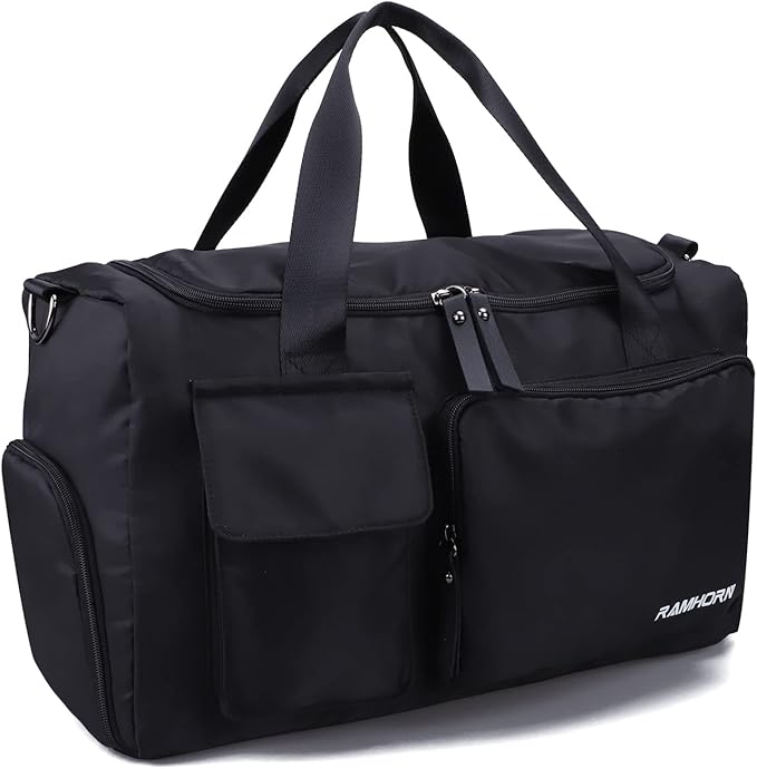RAMHORN Travel Duffel Bag Gym Sports Luggage Bags Water Resistant Weekender Bag with Wet Pocket and Shoes Compartment Black
