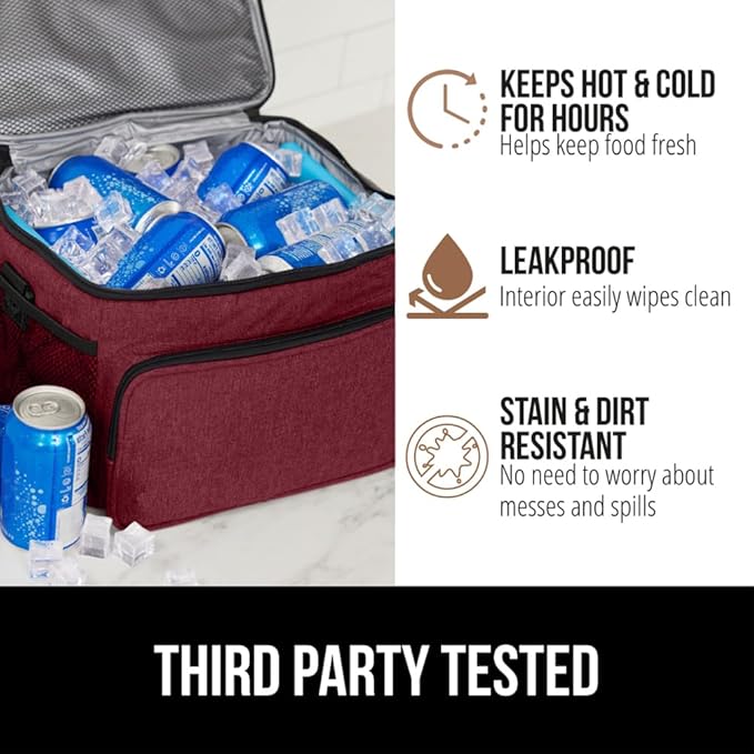 GORILLA GRIP Reusable Insulated Lunch Box Bag for Women Men, XL 15L, Leakproof Soft Cooler Bags, Multiple Compartments, Mesh Pockets and Adjustable Strap, Food Tote Keeps Drinks Cold, 13x9, Burgundy