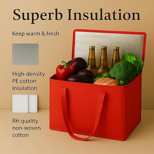 2Pk Insulated Reusable Grocery Bags, Collapsible Cooler Bag for Groceries, Heavy Duty Large Insulated Bag (Large, Bright Red)