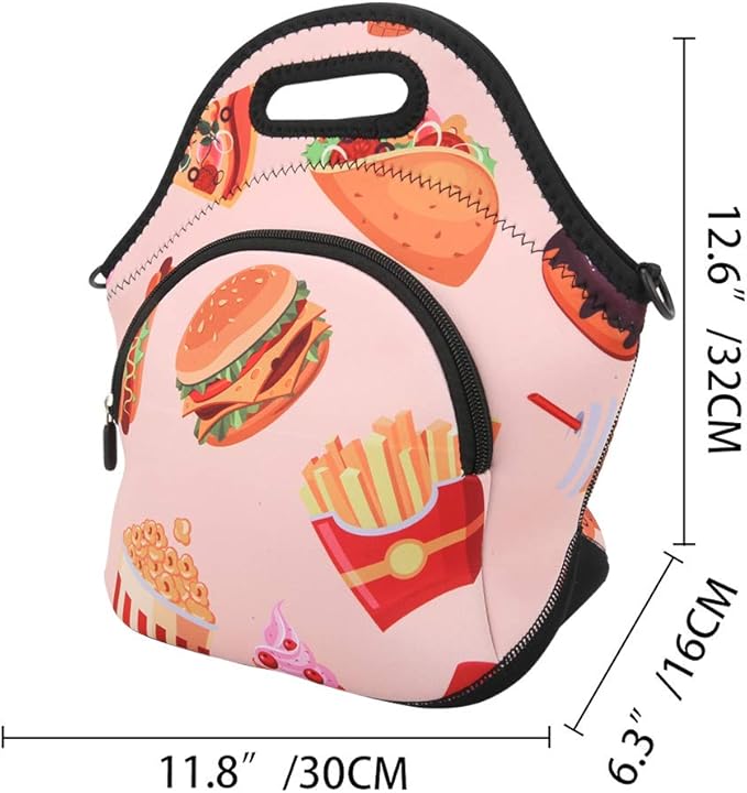 Violet Mist Neoprene Thermal Insulated Lunch Bag Tote Large with Extra Pocket Detachable Adjustable Shoulder Lunchbox Handbags Women men, Hamburger