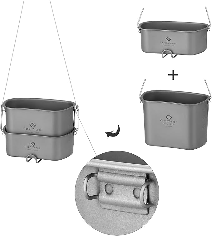 COOK'N'ESCAPE Titanium Camping Cooking Pot, Camping Cookware Set with Folding Handle,Compact Frying Pan Open Over Fire Cooking for Outdoor Backpacking Hiking Picnic