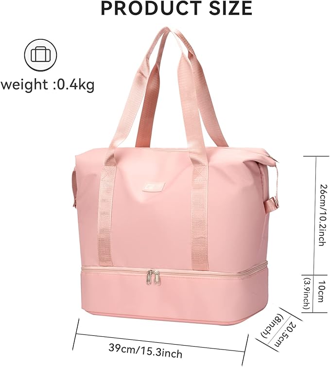 Large Travel Duffel Bag with Shoe Compartment, Gym Tote Carry on Bags for women, Lightweight Duffel Bags with Trolley Sleeve fit for Travel and Sport(Pink)