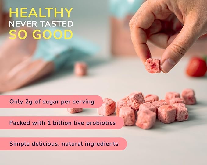 Yozz Probiotic Freeze Dried Yogurt Snack with Real Strawberries - No Sugar Added - 1 Billion CFU per Serving - 10 Individual Packs - For Adults, Babies, and Toddlers - Tastes Wow