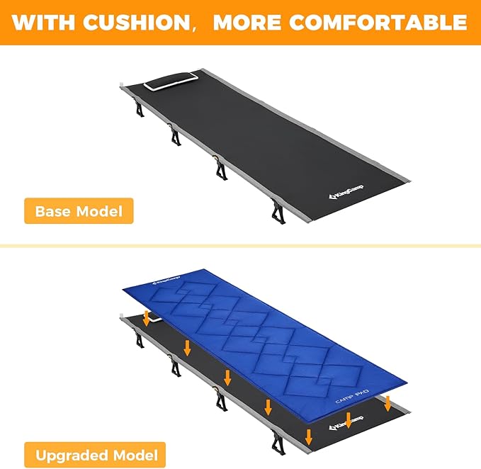 KingCamp Folding Camping Cots, Foldable 265lbs Heavy Duty Portable Ultralight Lightweight Sleeping Bed with Mattress Pad Pillow for Adults Outdoor Backpacking Travel Hiking, Black