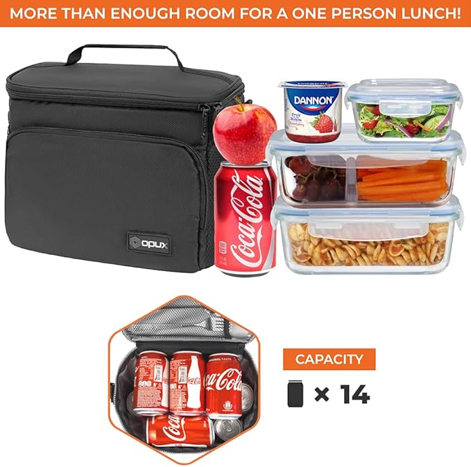 opux Insulated Lunch Bag for Men Women, Soft Lunch Box for Office Work School Picnic, Leakproof Lunch Cooler Bag with Shoulder Strap for Kid Adult Boy Girl, Medium Lunchbox Lunch Tote (Black)