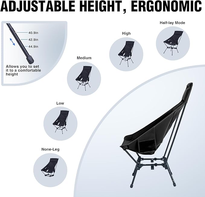 MOON LENCE Portable Camping Chairs for Adults, Adjustable Oversize Beach Chair Lawn Chair with High Back - Large Capacity, Heavy Duty (New Black)