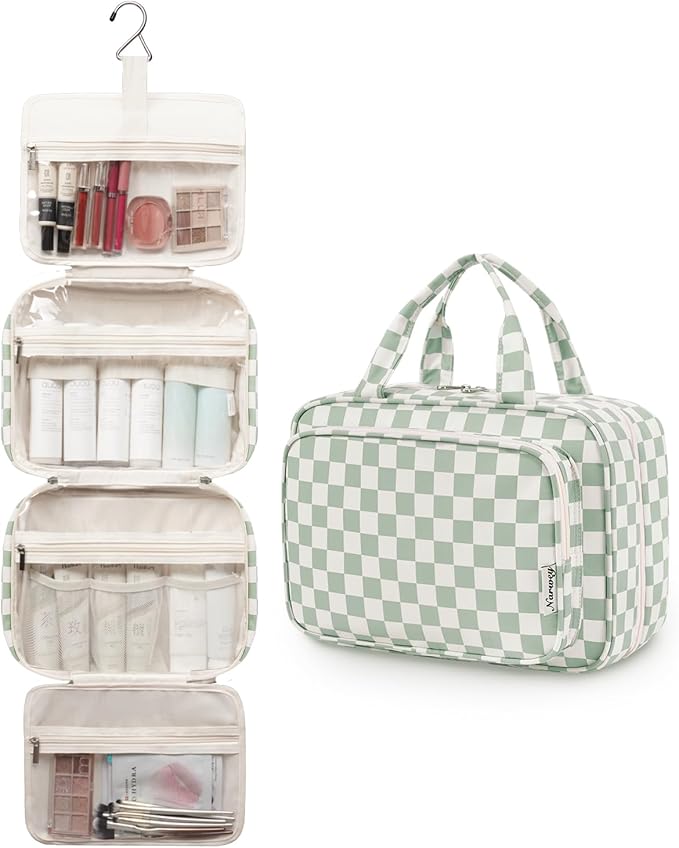 Narwey Travel Toiletry Bag for Women Large Hanging Makeup Bag Organizer Toiletries Bag for Full Size Essentials Accessories Cosmetics (Mint Green Checkerboard (Large))