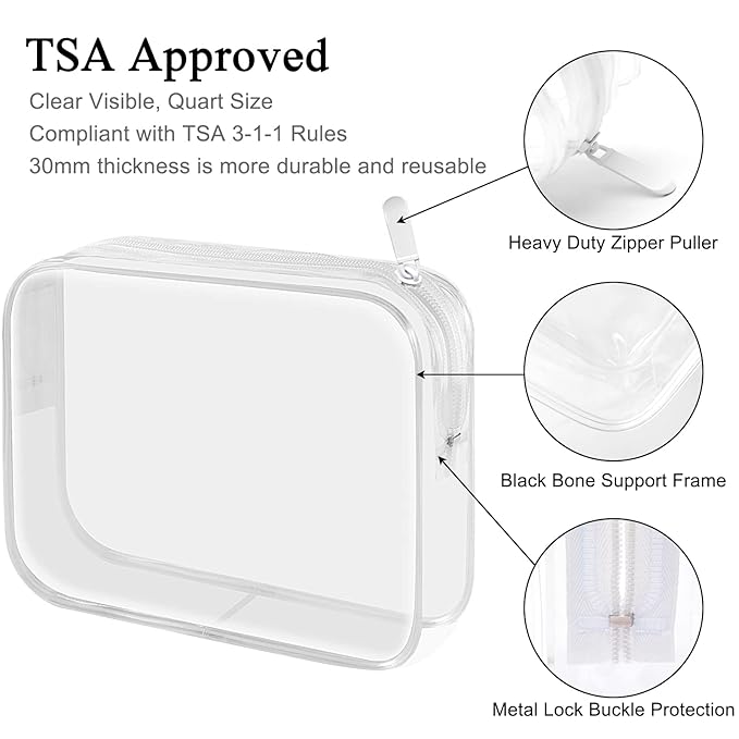 Lermende 2pcs Clear Toiletry Bag TSA Approved Travel Bag,Carry On for Travel,Airport Airline Accessories Compliant Bag,Quart Sized Makeup Cosmetic bag Women Men (Transparent, 2 Pack)