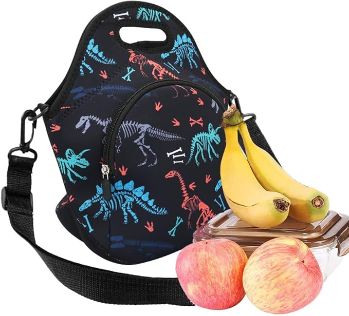 Violet Mist Neoprene Lunch Bag Reusable Insulated Cartoon Dinosaur Snack Bags, 12.6"L x 11.8"H x 6.3"W, BPA-Free, Machine Washable, Easy to Dry